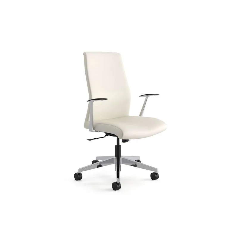 Upholstered Task Chair Cream mid-back task chair with arms, front view