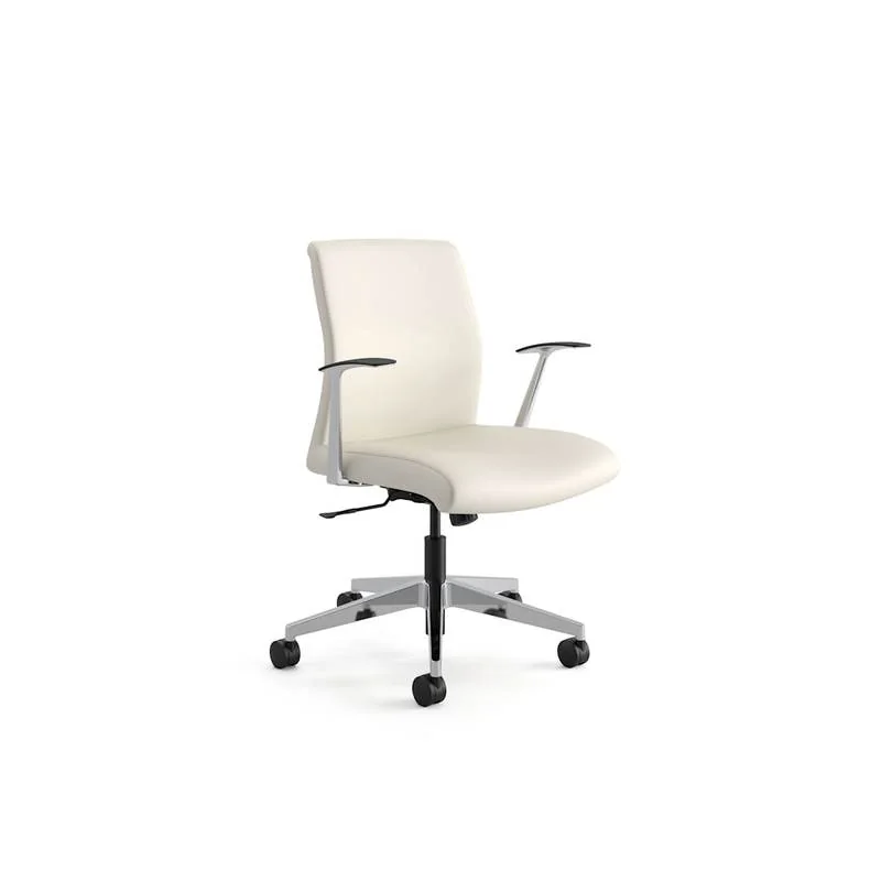 Upholstered Task Chair Cream mid-back task chair with arms, side view