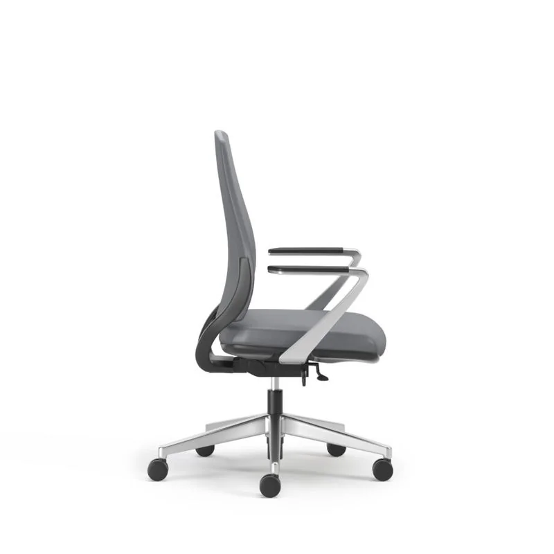 Upholstered Task Chair Gray upholstered task chair with open arms, side view