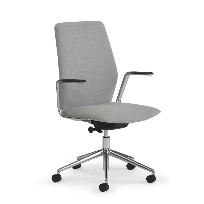 Upholstered Task Chair Light gray mid-back task chair with polished arms