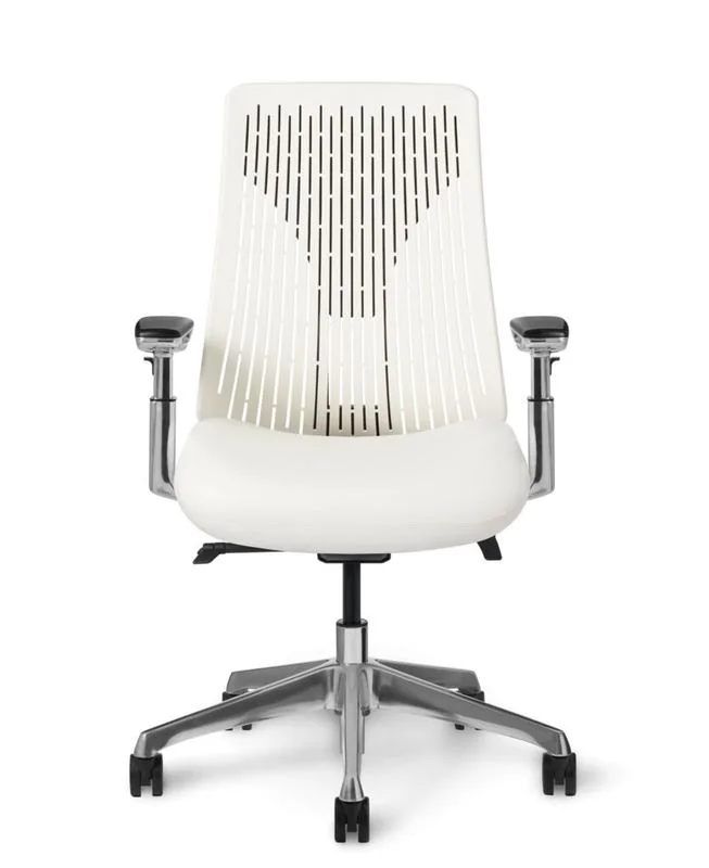 Flex-Back Task Chair White flex-back ergonomic task chair on polished aluminum base