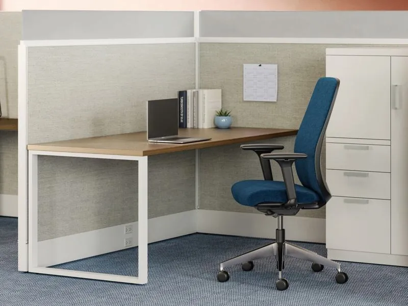 Cubicle Workstation Cubicle workstation with wood desk, tall storage and blue task chair