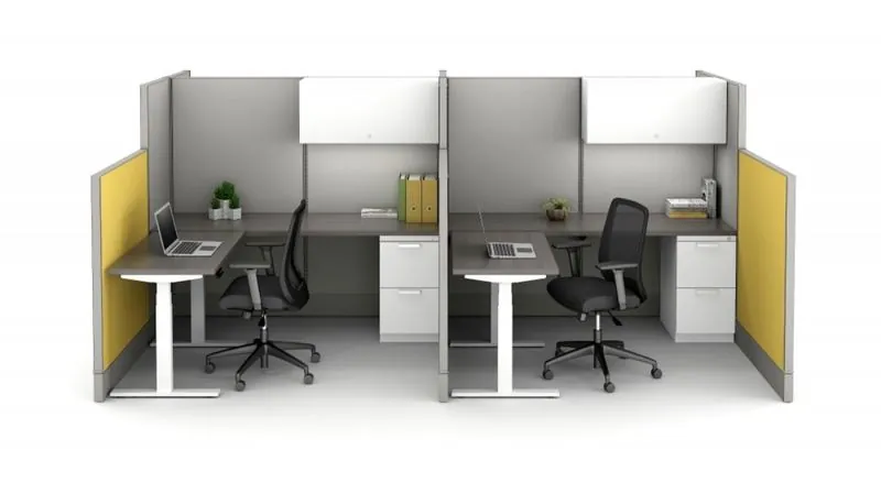 Cubicle Workstations Cubicle workstations with yellow end panels and height-adjustable desks