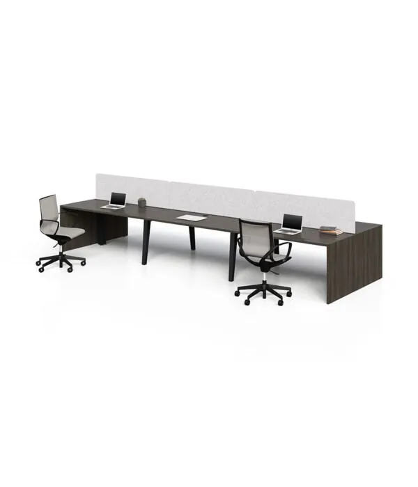 Benching Desk Four-person benching desk with white privacy screen and dark finish
