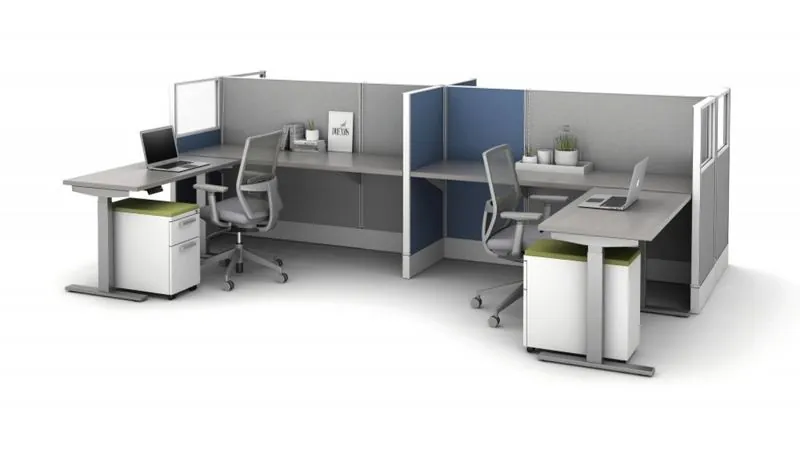 Cubicle Workstations L-shaped cubicle workstations with gray and blue panels