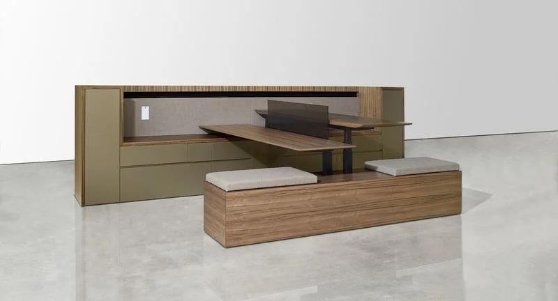 Workstation Olive workstation with an oak bench and cushioned seats