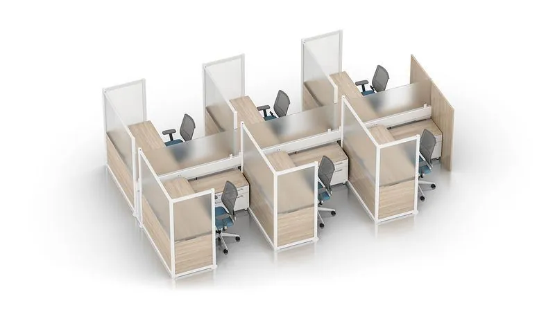 Workstation Pod Six-person workstation pod with glass screens, overhead view