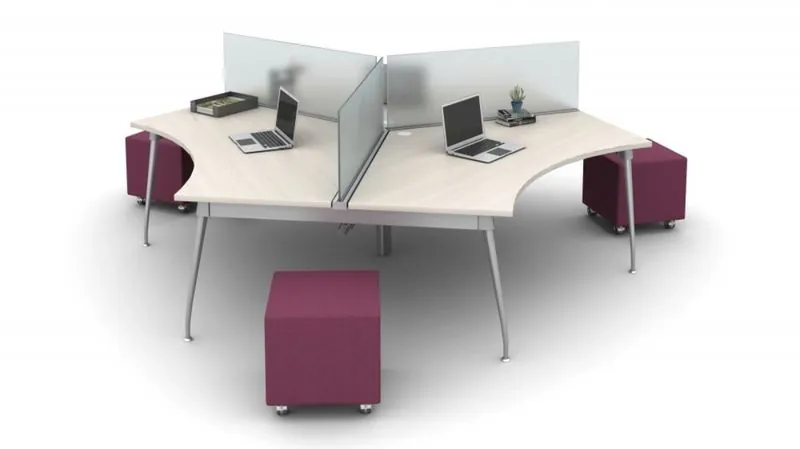 120-Degree Workstations Three-person 120-degree workstation cluster with glass screens and ottomans