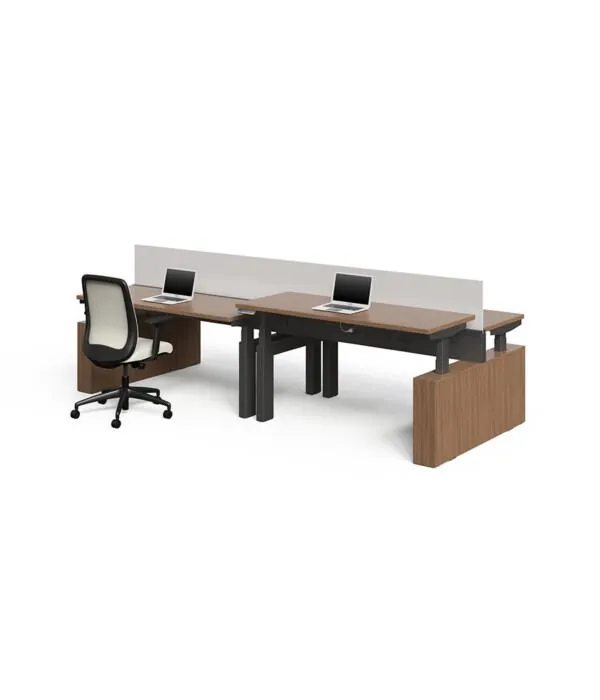 Benching Desk Two-person benching desk with walnut end panels