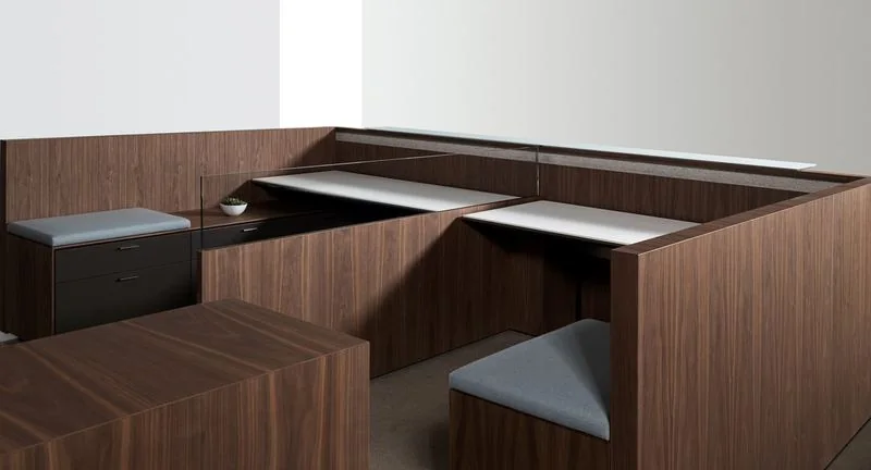 Teaming Workstation Walnut teaming workstation with integrated bench seating