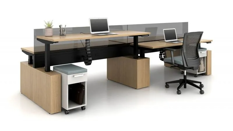 Benching Cluster Wood benching cluster with storage pedestals and privacy screens