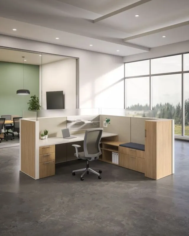 Wood Workstation Wood-panel workstation in a bright office with forest views