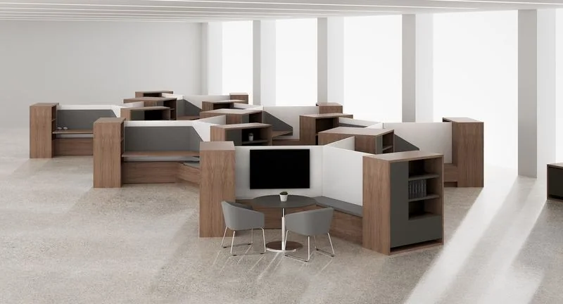 Workstation Pod Wood-panel workstation pod with gray seats