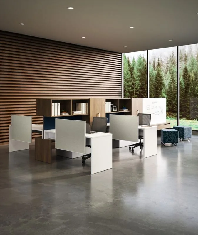 Workstations Workstations with white panels and walnut storage in a wood-slat room