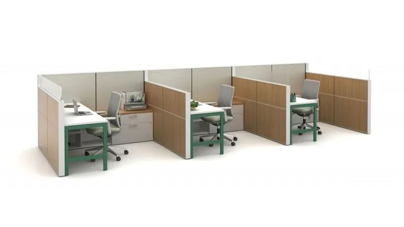Cubicle Workstations Workstations with wood panels and green desk frames