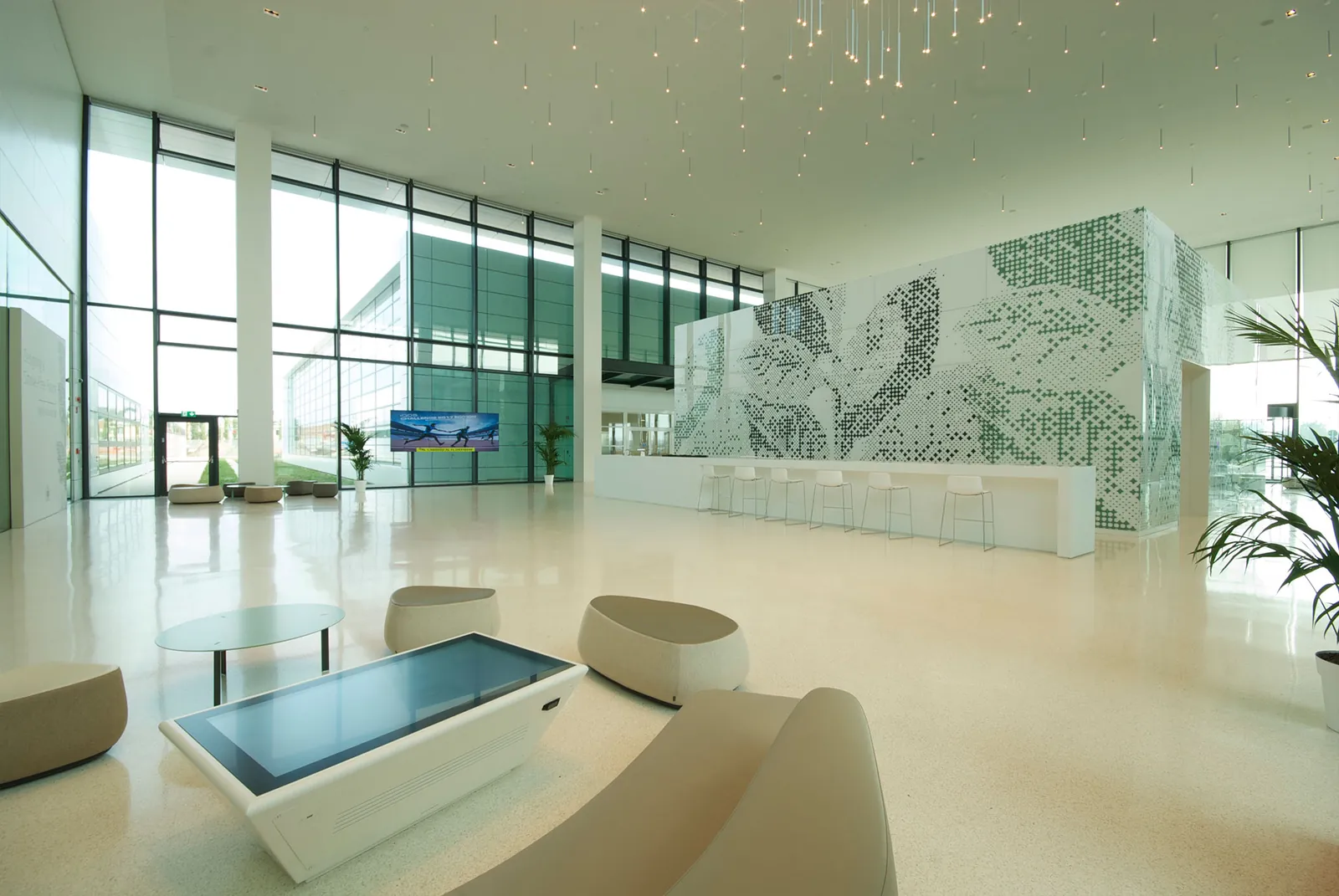 Custom Lobby Wall Lobby with decorative patterned glass feature wall