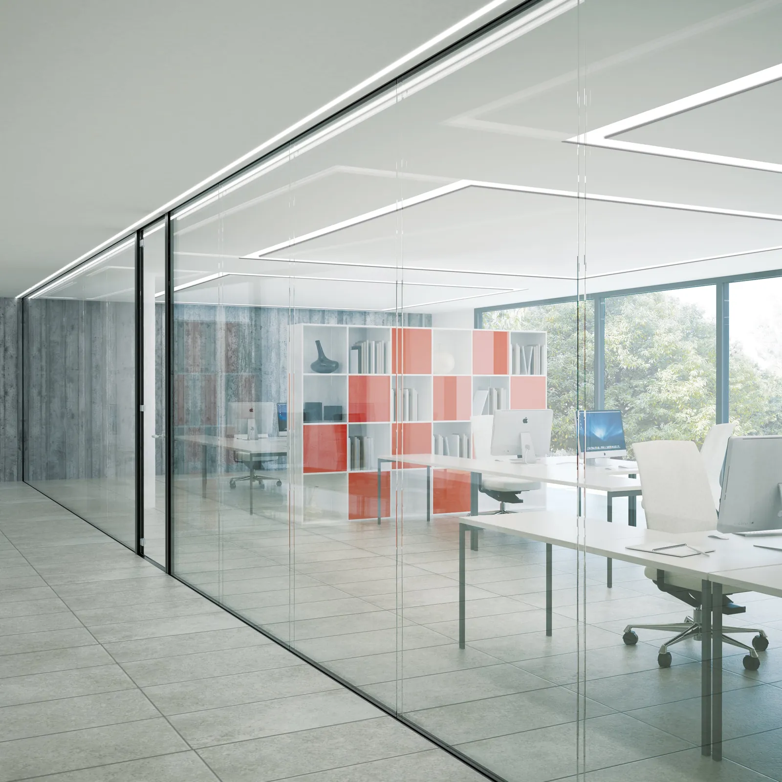 Double Glazed Glass Wall Double glazed glass wall separating a bright open-plan workspace