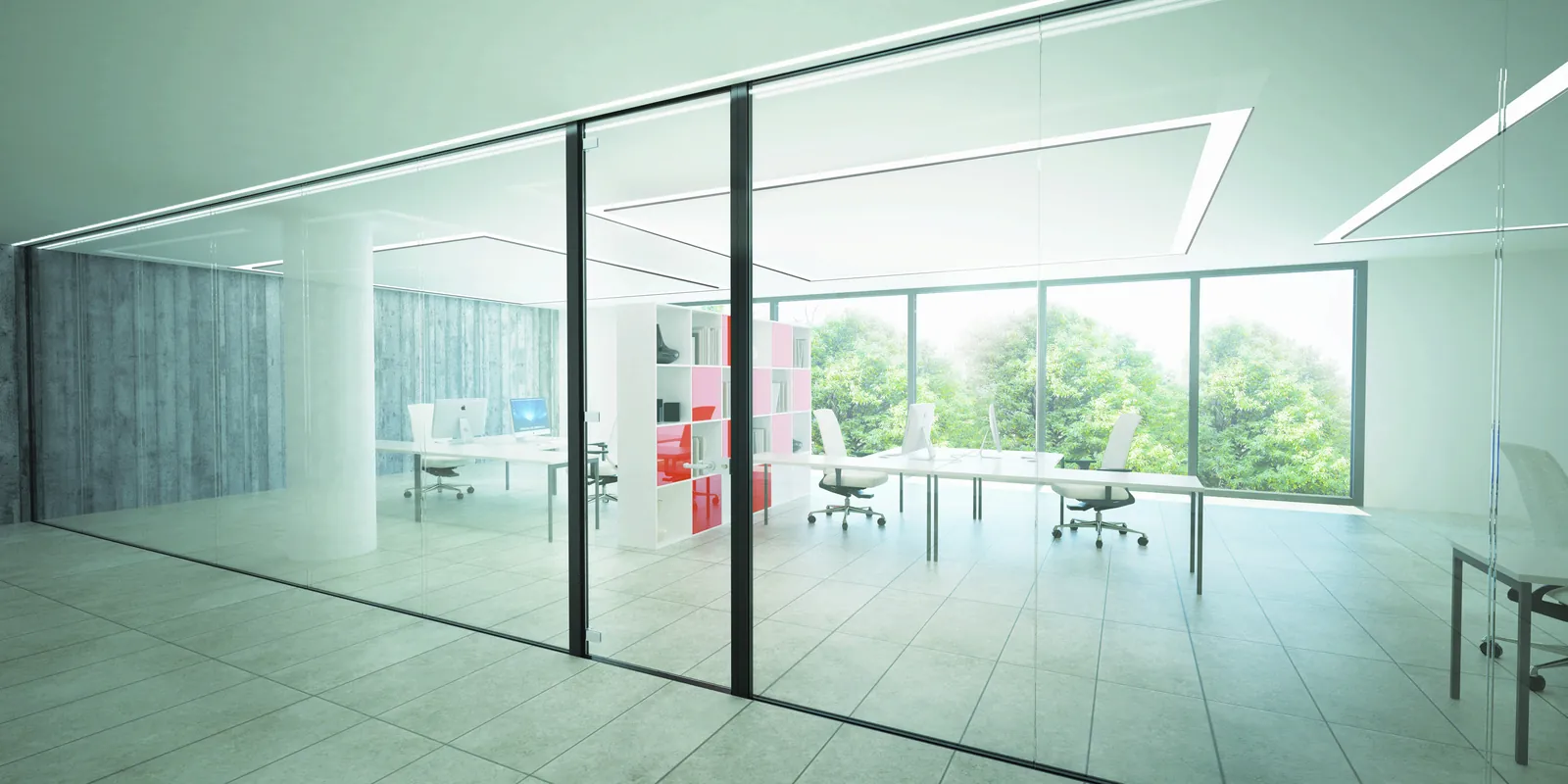 Double Glazed Office Partitions Double glazed glass partitions dividing an open office with full-height panels