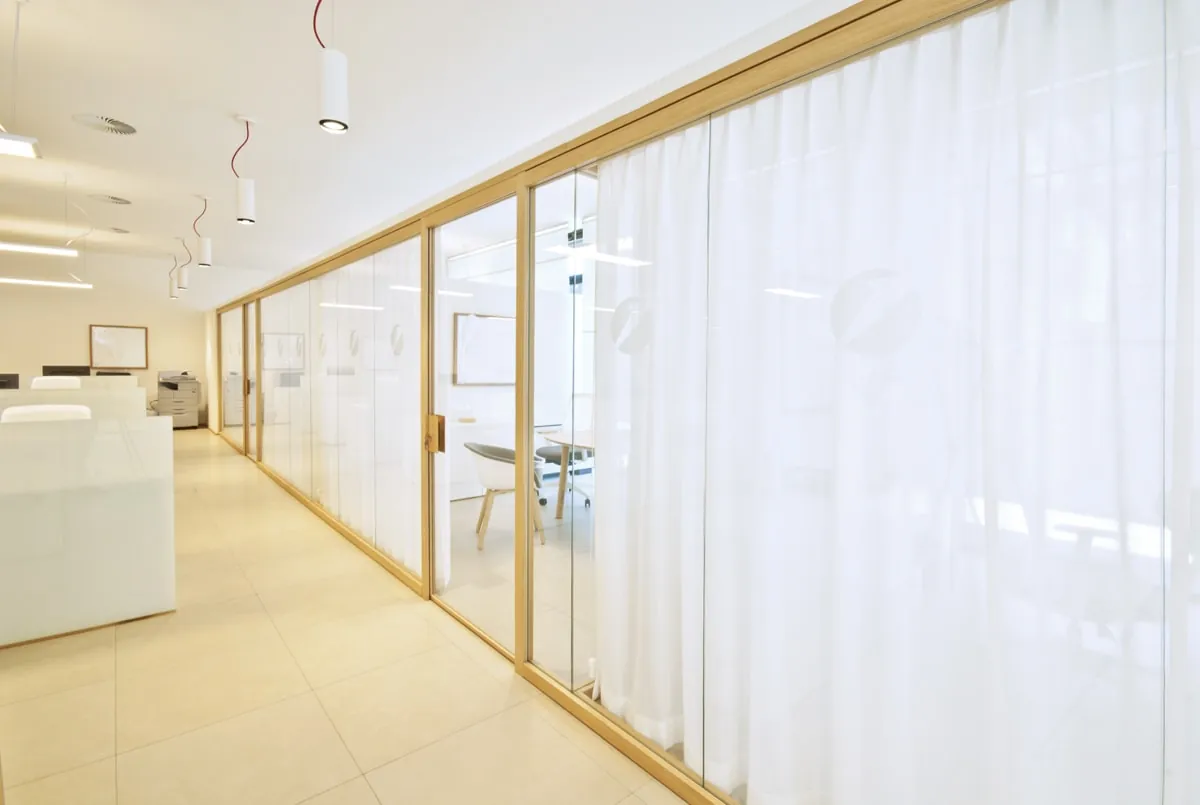 Glass Wall with Curtains Mono glass partitions with sheer curtains for privacy