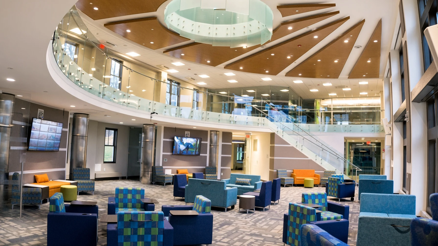 Blair Academy — Glass, Metal & Furniture · Custom railing, glass ceiling feature, glass fronts & furniture